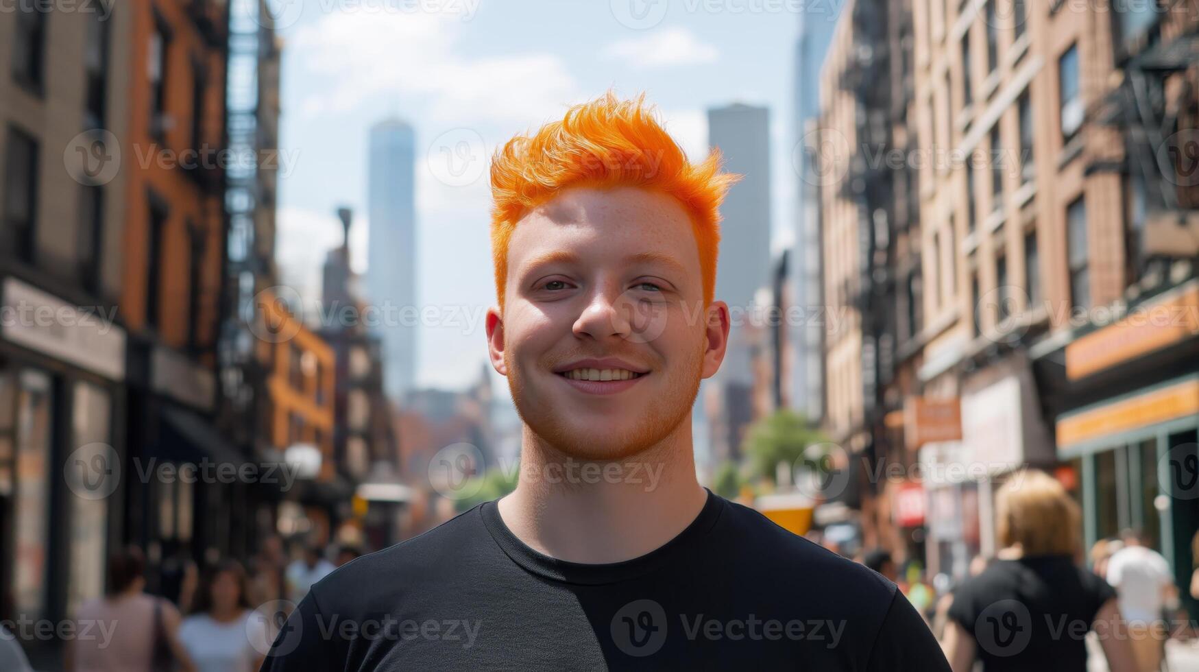 Young Man with Bright Orange Hair Smiling on a Bustling Urban Street with Skyline Views photo