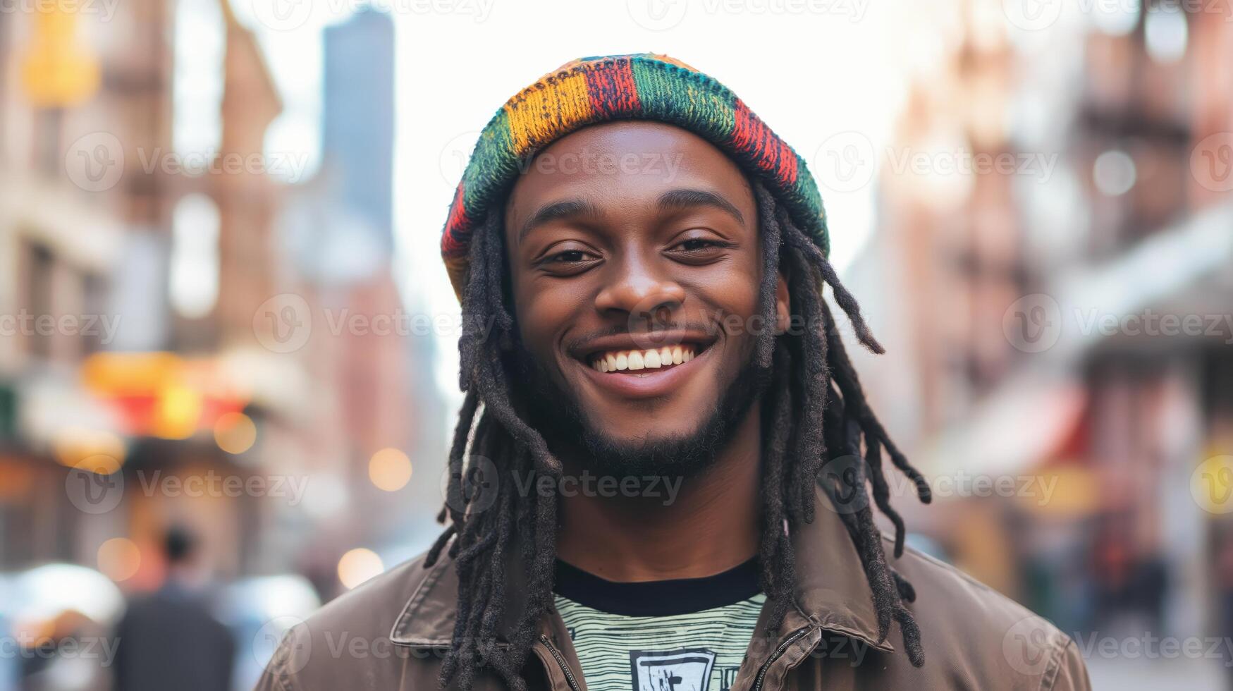 Portrait of Joyful Young Black Man with Dreadlocks and Colorful Beanie in Bustling Urban Street Scene photo