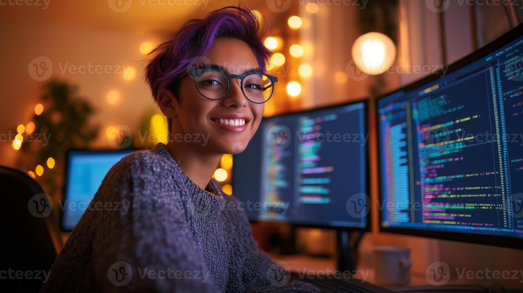 NonBinary Person with Purple Hair Coding on Multiple Monitors in Cozy Home Office photo