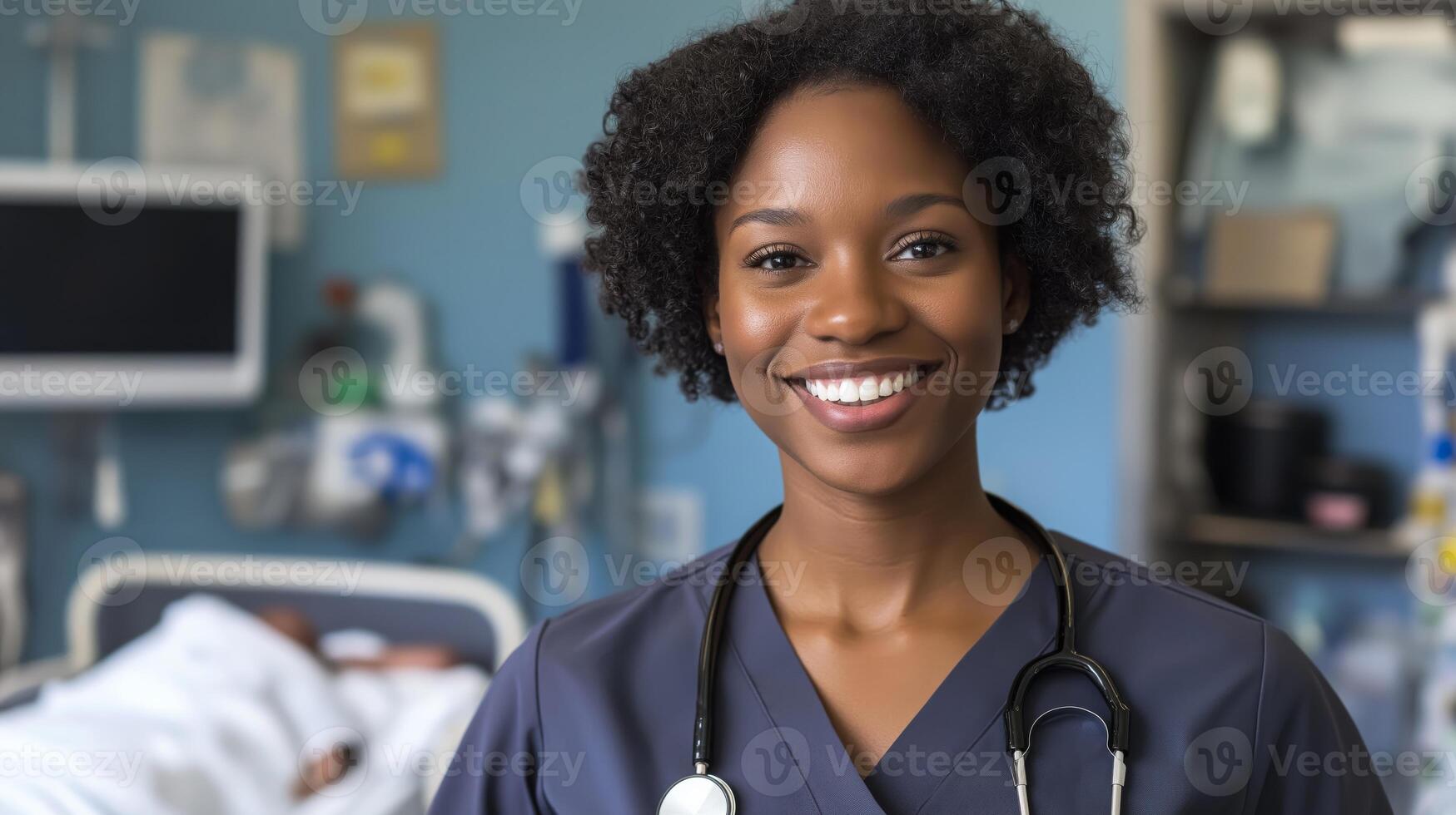 Smiling African American Female Nurse in Scrubs with Stethoscope in Hospital Room photo
