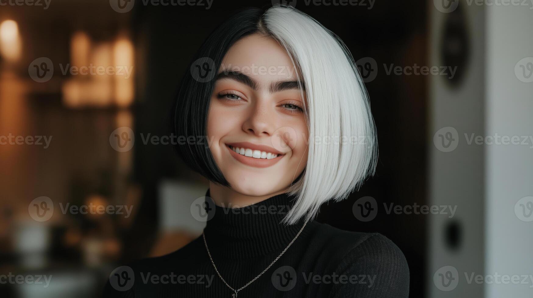 NonBinary Individual with Split Dyed Black and White Hair, CloseUp Portrait, Indoors Setting, Diverse Background, Modern Fashion photo