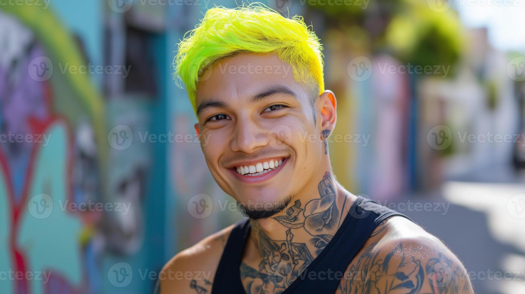 Vibrant Neon Yellow Hair Tattooed Man Smiling Outdoors Urban Street Art Background photo