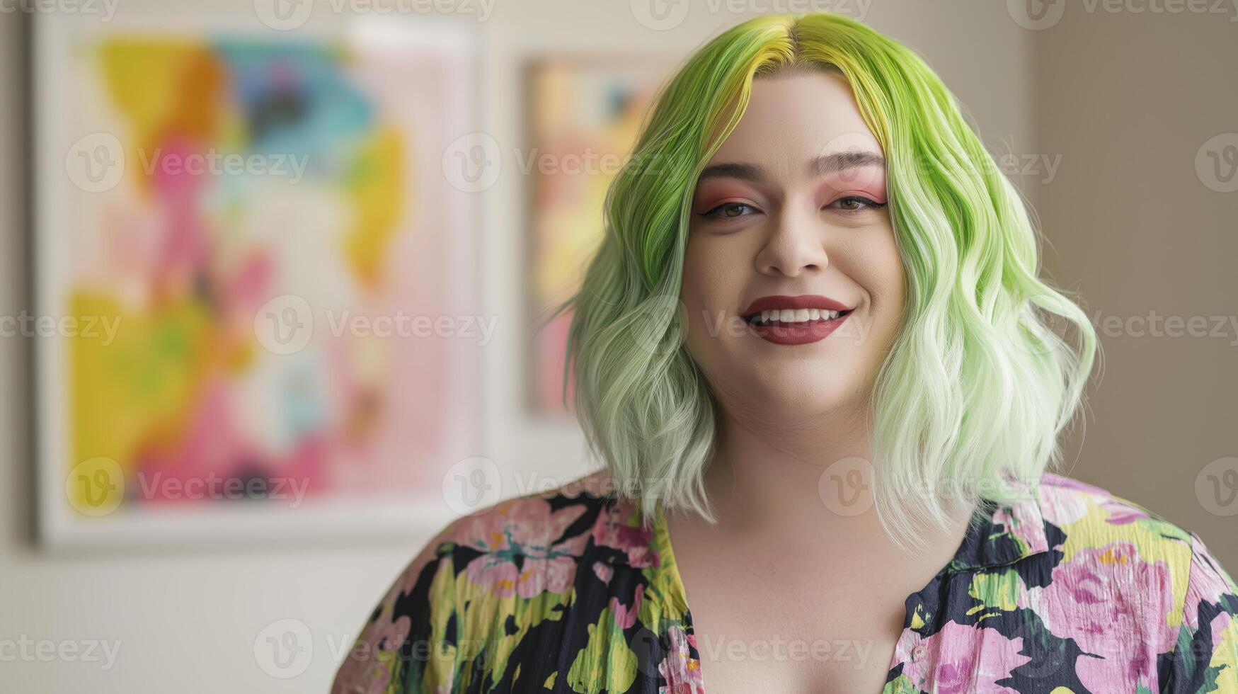 NonBinary Individual with ShoulderLength Gradient Green Hair Smiling, Vibrant Artwork in Background photo