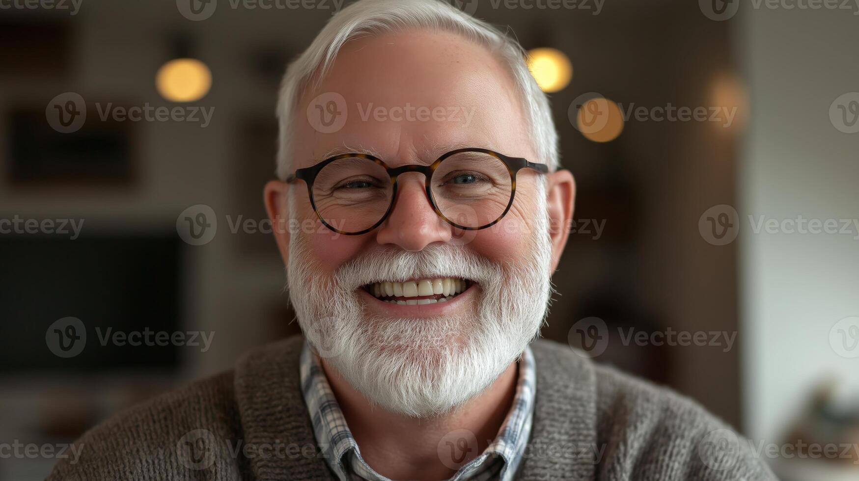 Mature White Man Smiling with Full White Beard and Glasses, Indoor Setting with Warm Lighting photo