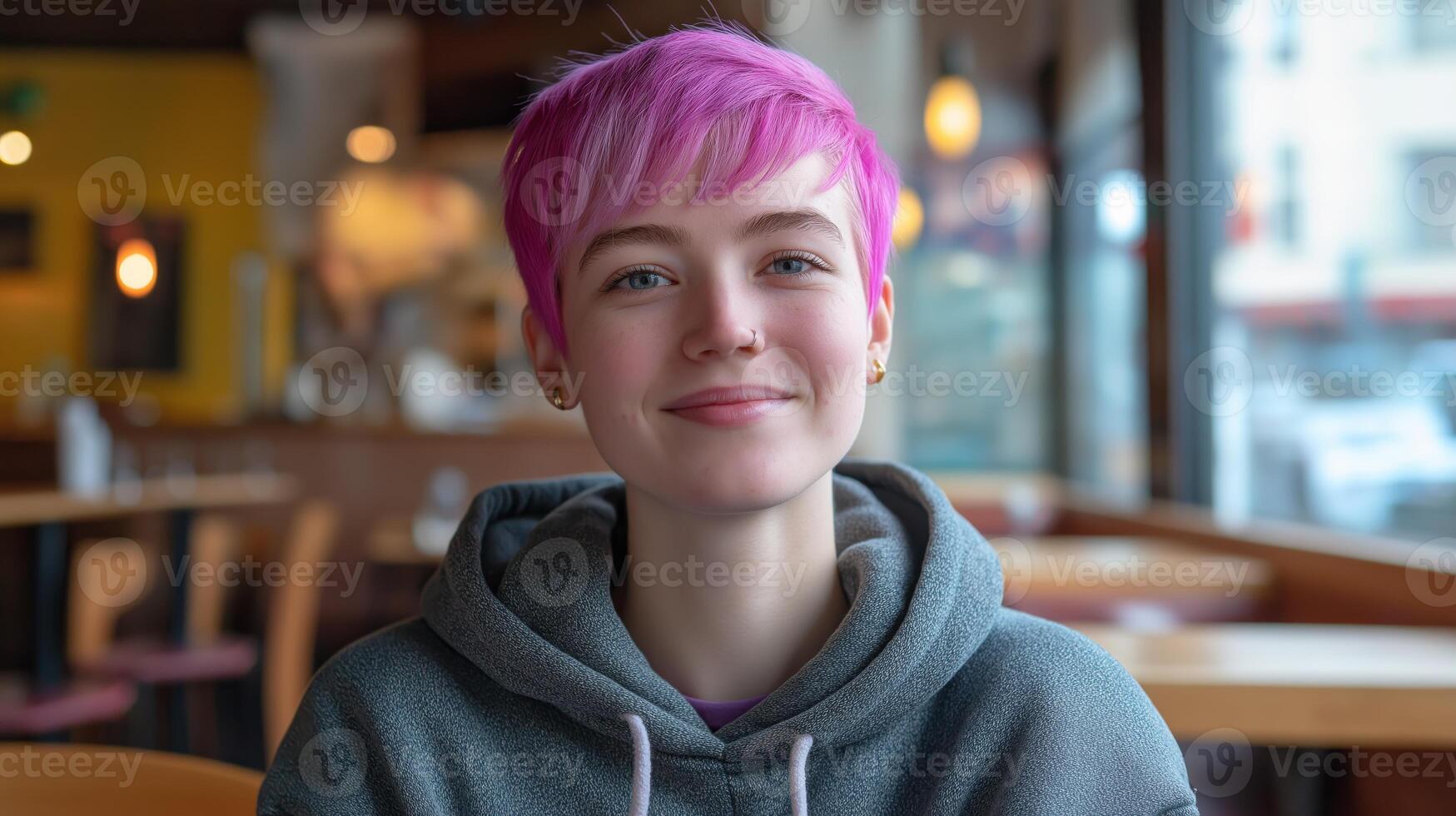 Youthful Expression of NonBinary Identity with Split Dyed Pink and Purple Hair in Cozy Cafe Setting photo