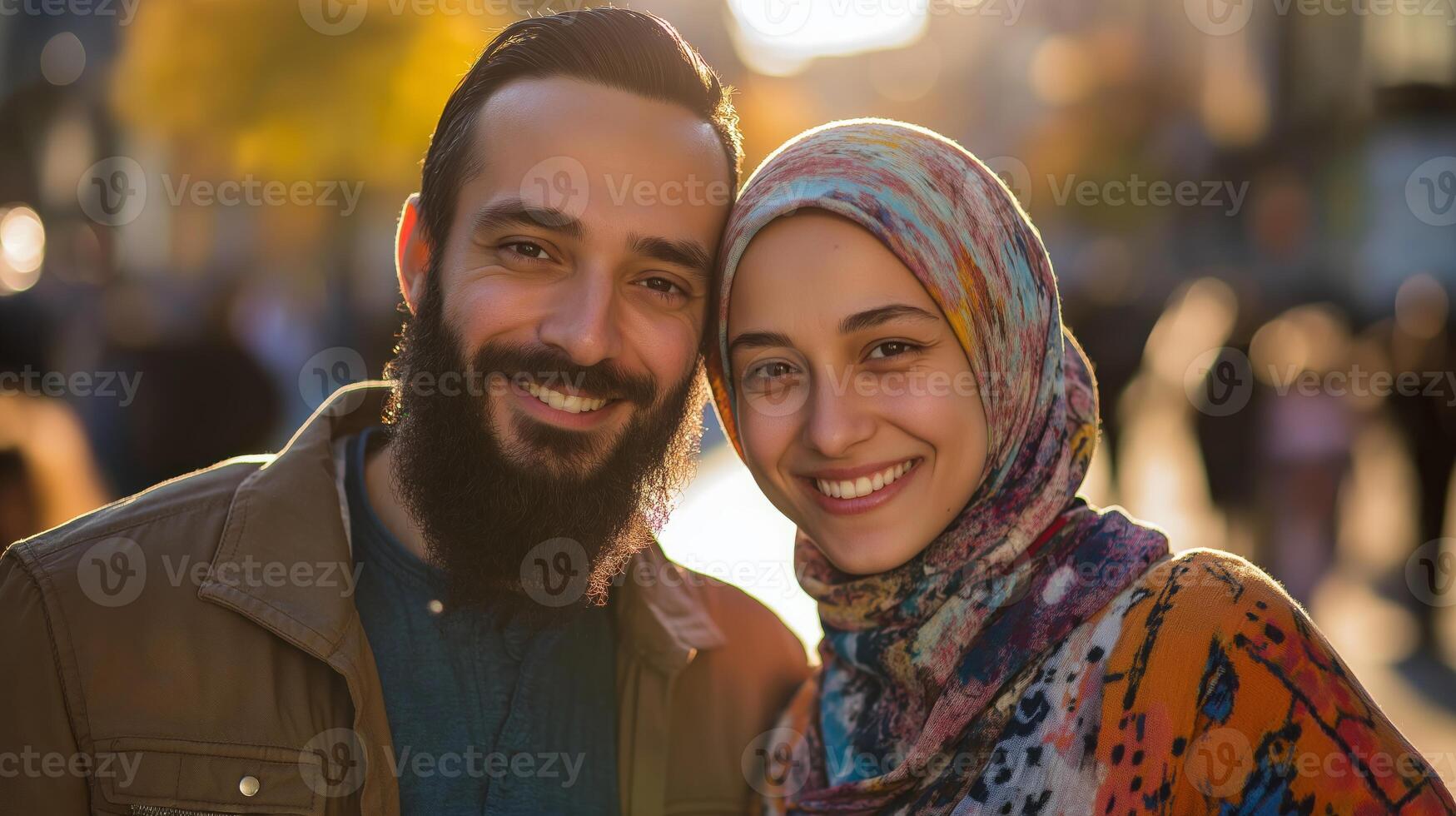 Smiling Diverse Couple in Hijab Enjoying a Sunset Walk Urban Background Diversity, Love, and Autumn Appreciation photo