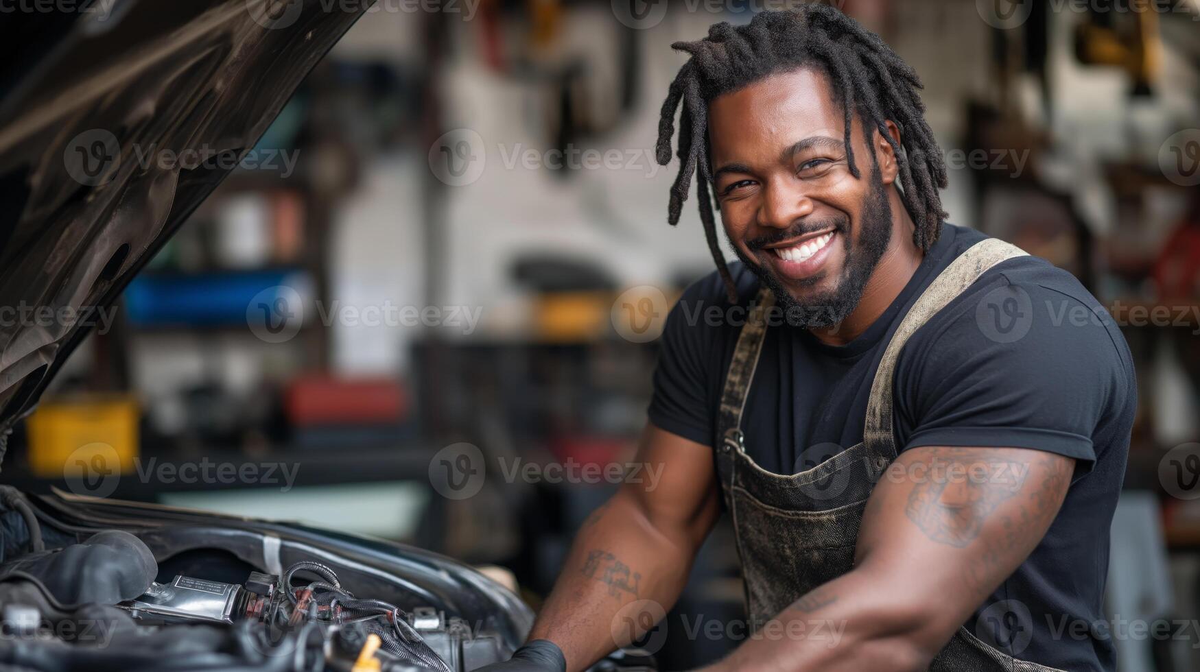 Smiling Mechanic with Dark Complexion and Dreadlocks Working on Car in Auto Repair Shop photo