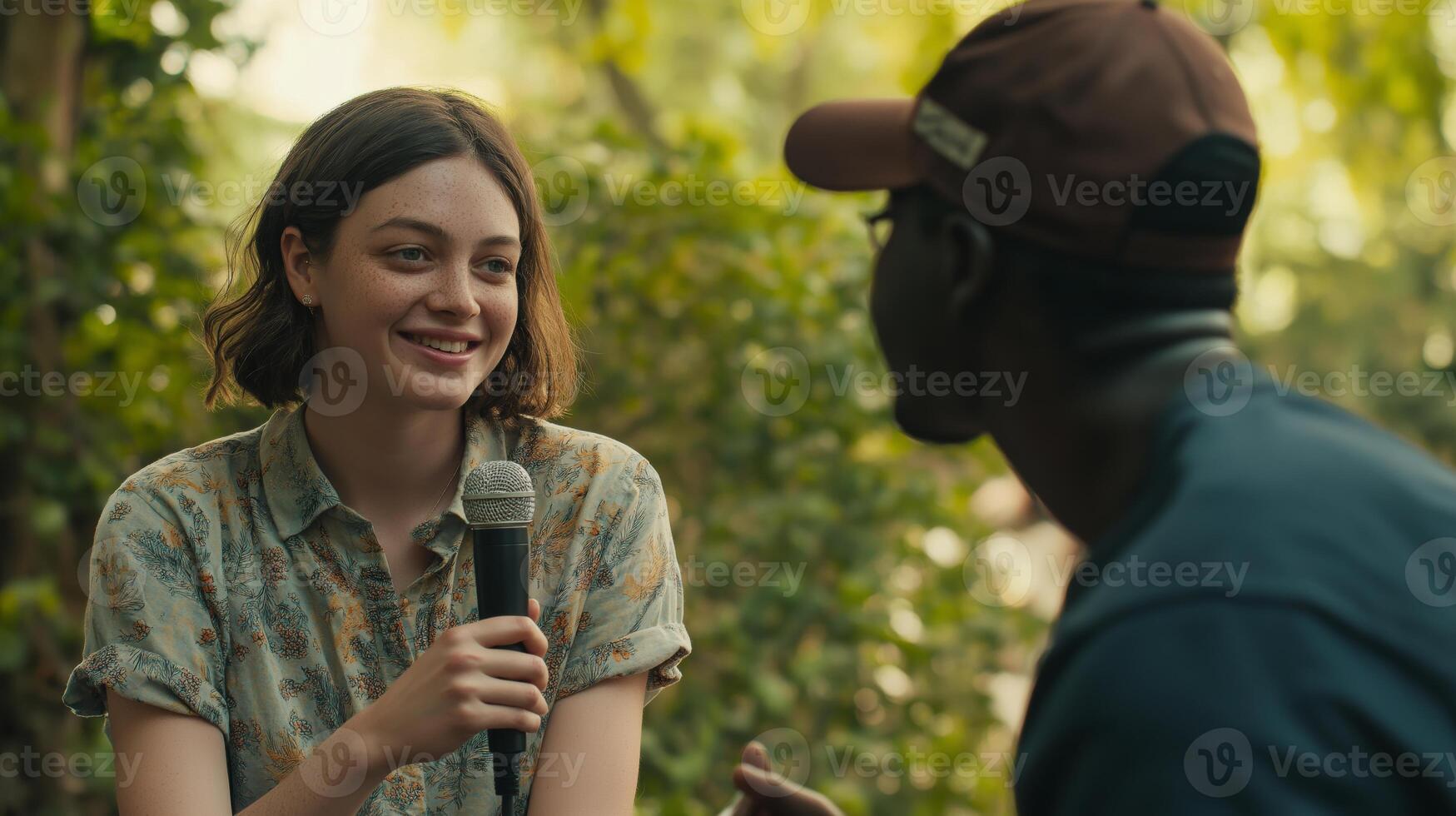 Outdoor Interview Scene with Young Woman Holding Microphone and Interviewer in Cap, Nature Setting, Communication Concept, Diversity Focus photo