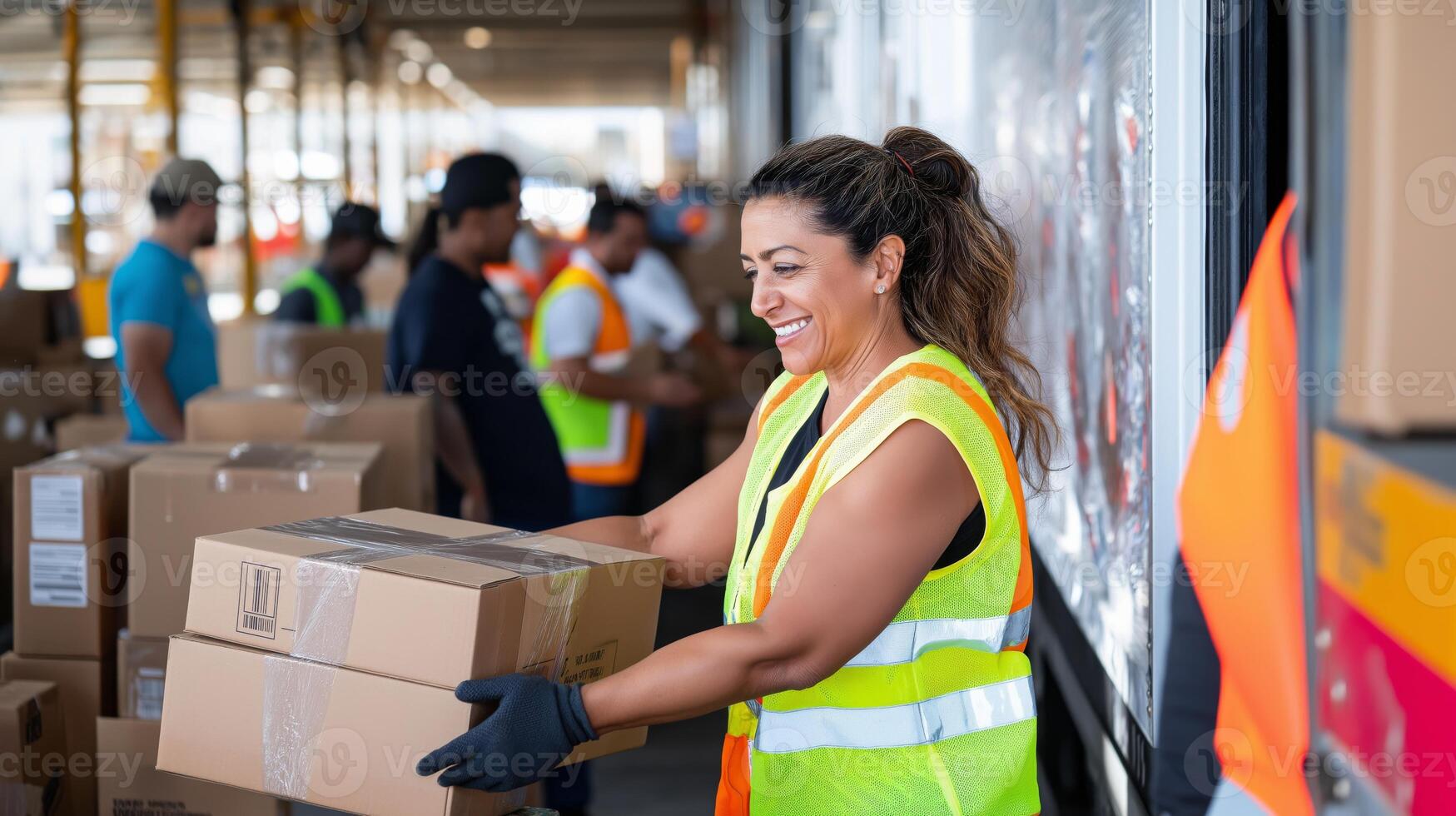 Diverse Group of Warehouse Workers Handling Boxes, Logistics and Distribution Team at Work for Stock Photography photo