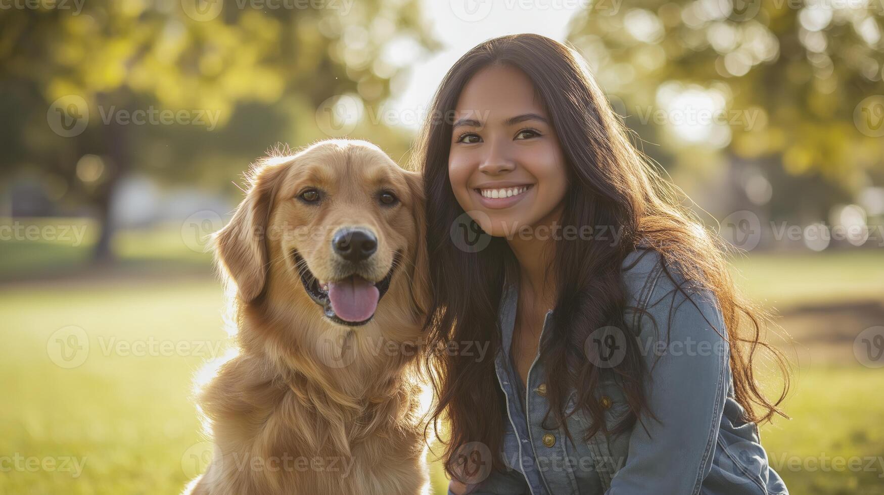 Young Latina Woman with Long Dark Hair Smiling Next to Golden Retriever in a Sunny Park photo