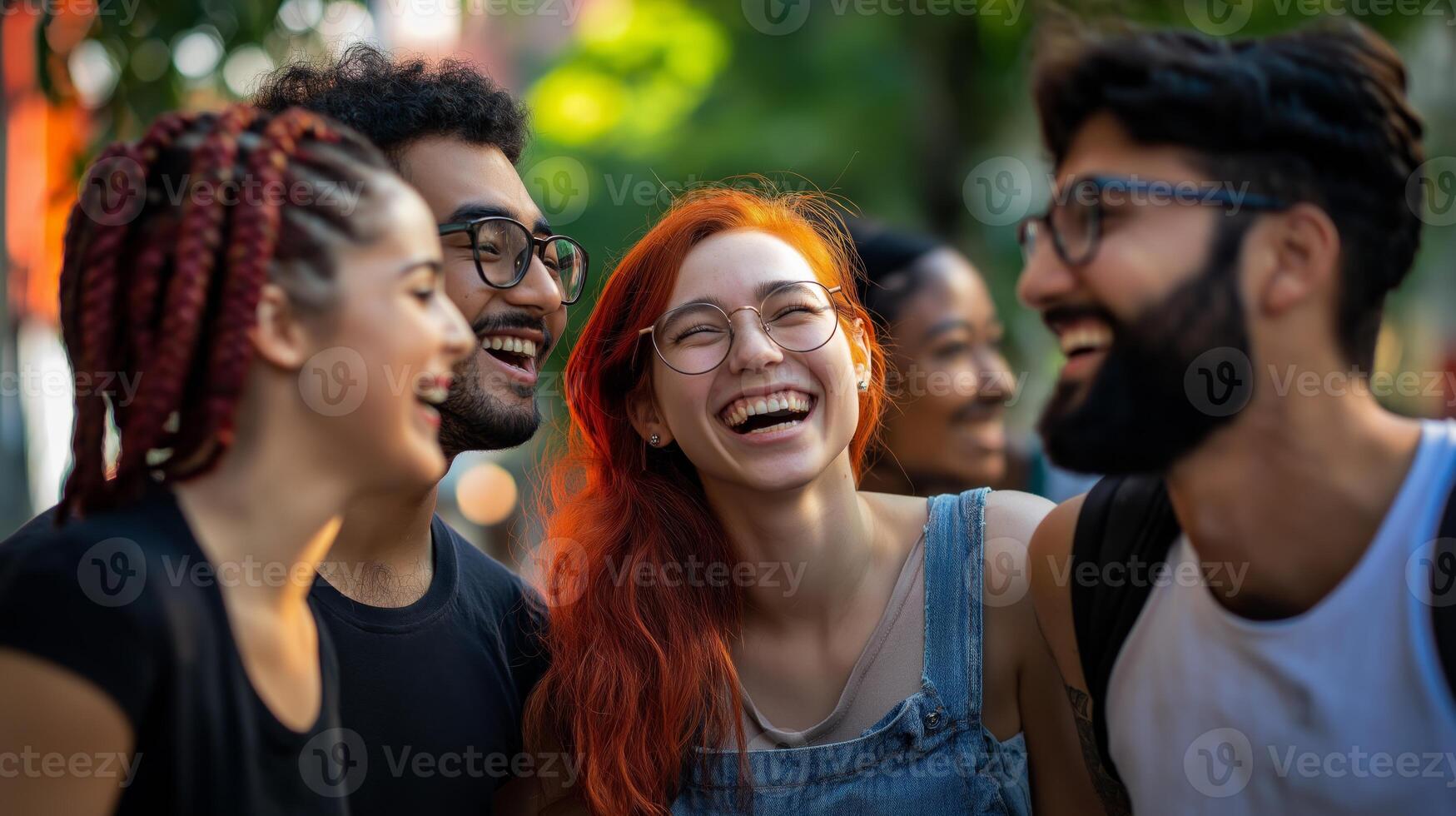 Diverse Group of Young Friends Laughing and Enjoying Time Together Outdoors photo