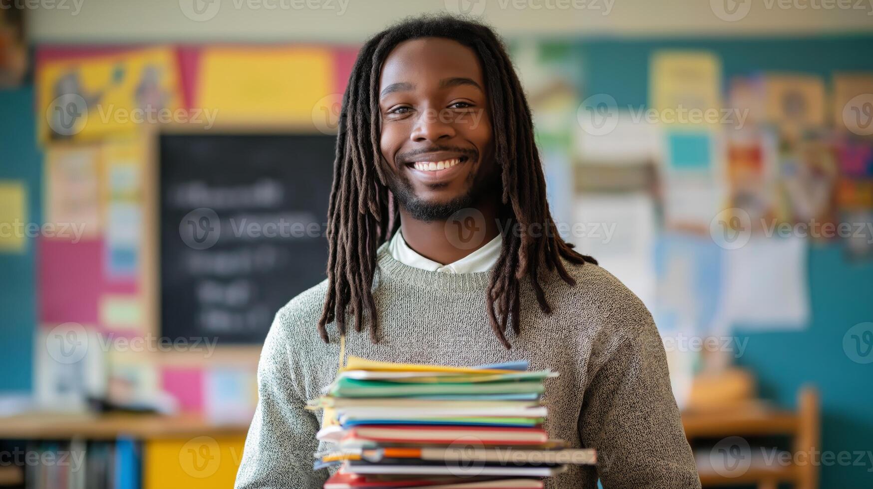 African American Male Teacher Holding Stack of Books, Classroom Setting for Educational and Diversitythemed Projects photo
