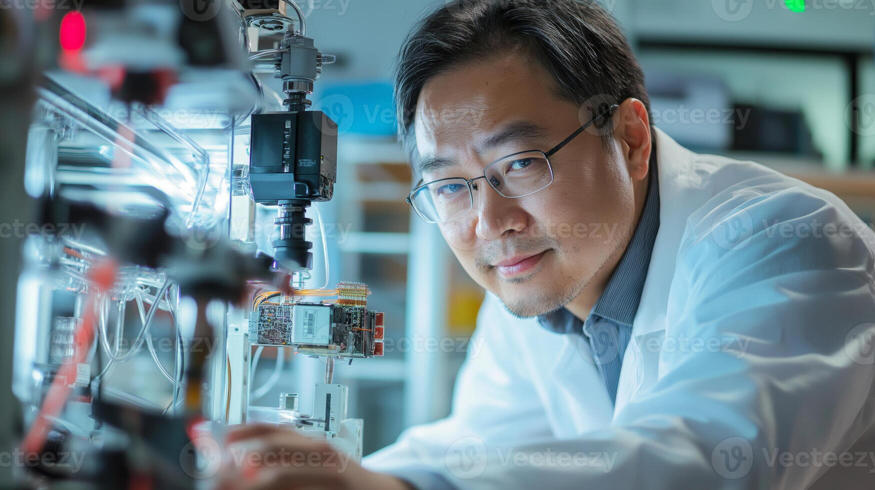 Focused East Asian Male Scientist with Glasses Working on Advanced Robotics Engineering in Modern Laboratory photo