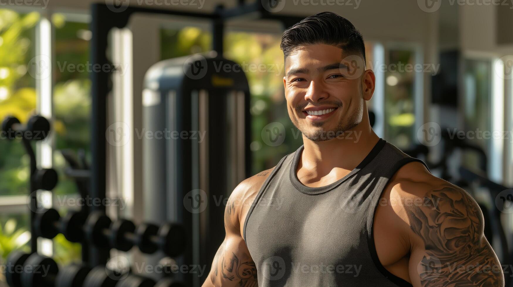 Muscular Latino Man with Tattoos in Modern Gym Setting, Fitness Enthusiast, Strength Training, Bodybuilding Inspiration, Health Lifestyle, Athletic Physique photo