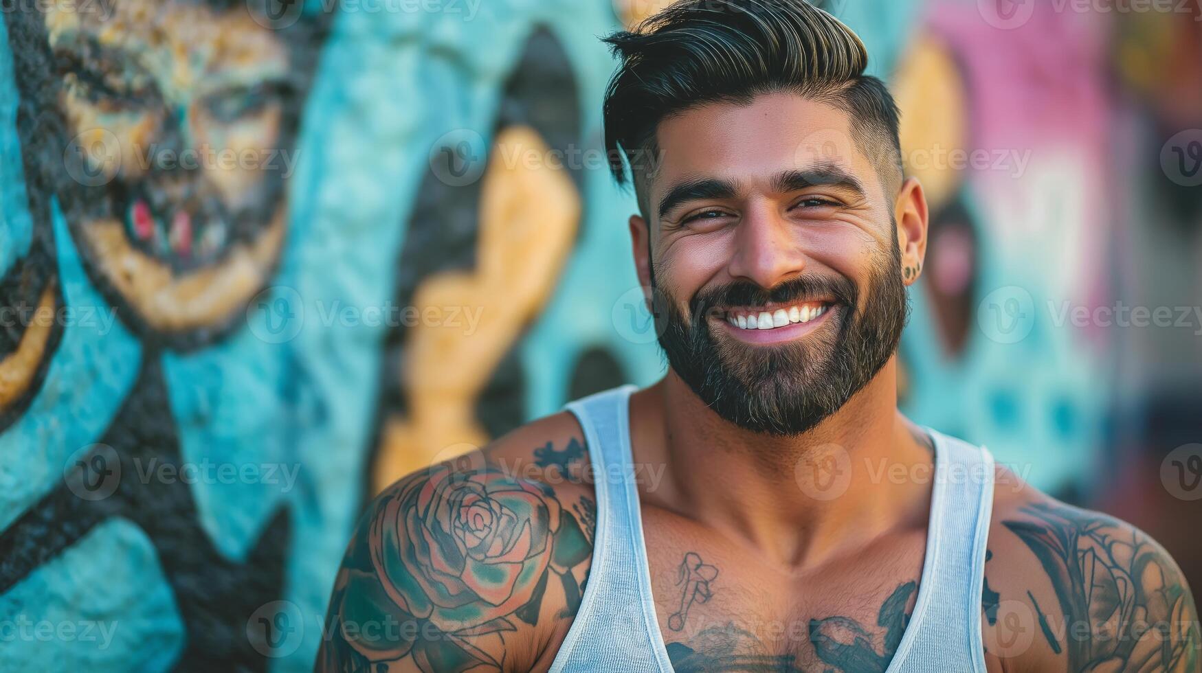 Vibrant Urban Style, Tattooed Trans Man with WellGroomed Beard Smiling Against Colorful Graffiti, Ideal for Diversity Representation Media photo