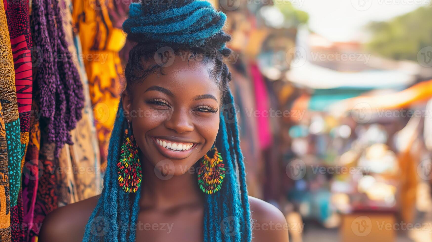 Vibrant Smiling Woman with Blue Twists Styled in High Bun at Outdoor Market, Portrait for Cultural and Lifestyle Photography photo
