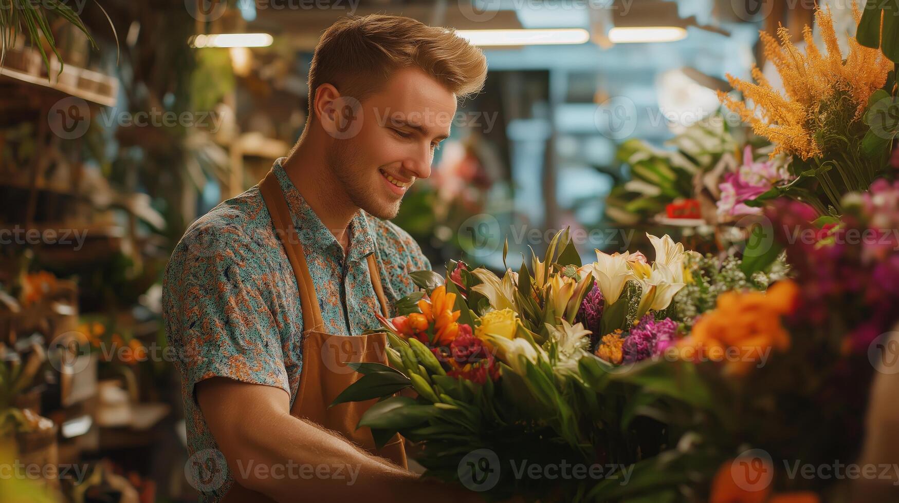 Young Caucasian Man Arranging Colorful Flower Bouquet in a Vibrant Florist Shop, Perfect for Spring Seasonal Design, Marketing, and Floral Industry Advertising photo