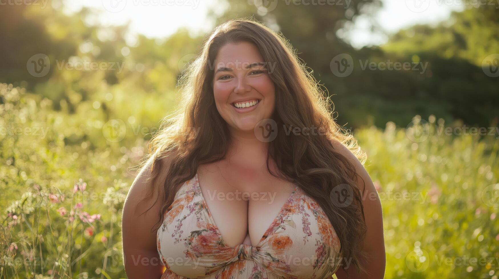 Radiant Plus Size Woman in Floral Dress Smiling at Sunset in Nature photo