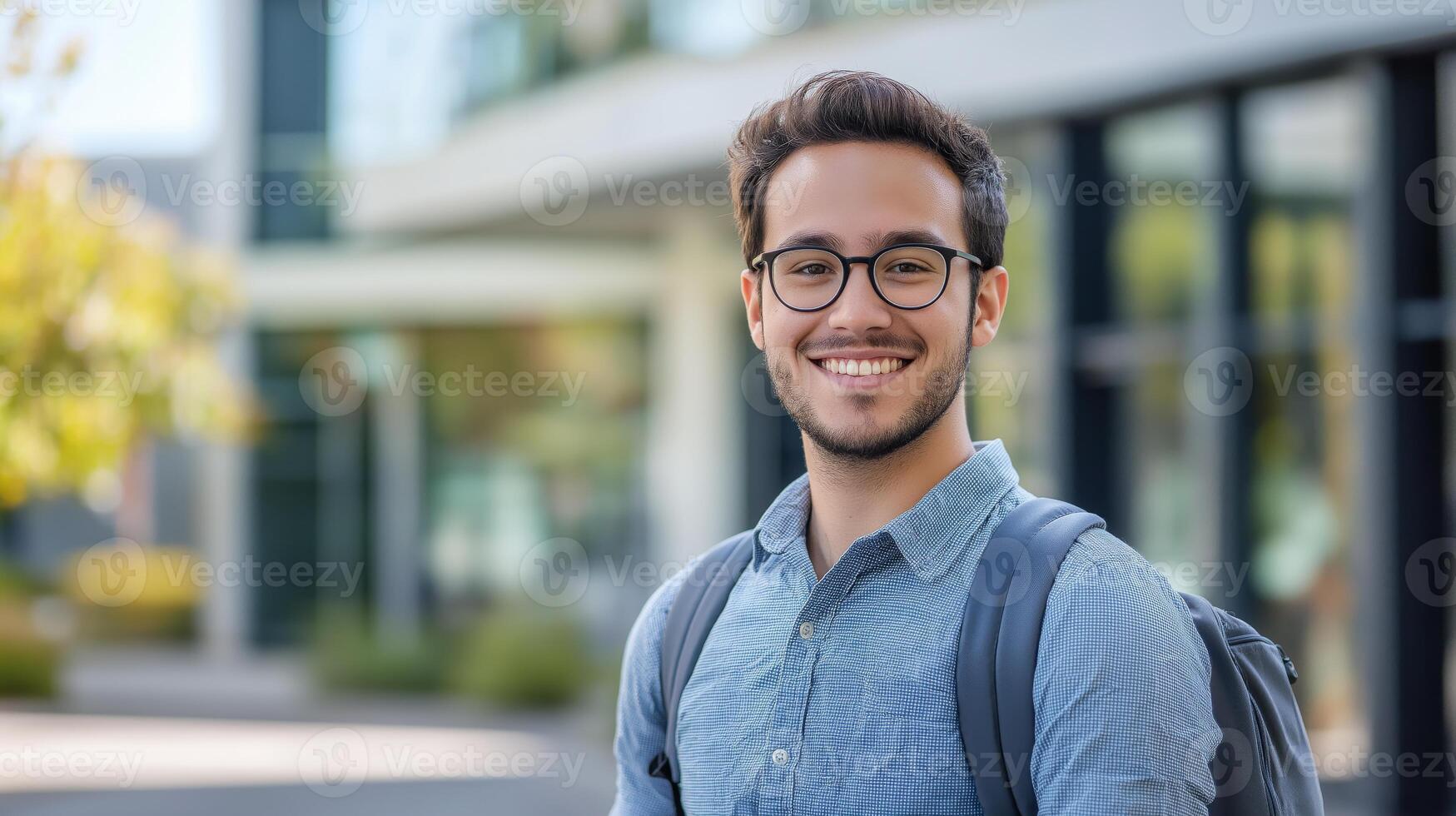 Young Confident Transgender Man with Glasses and Backpack Smiling Outdoors, Perfect for Diversity and Inclusion Concepts photo