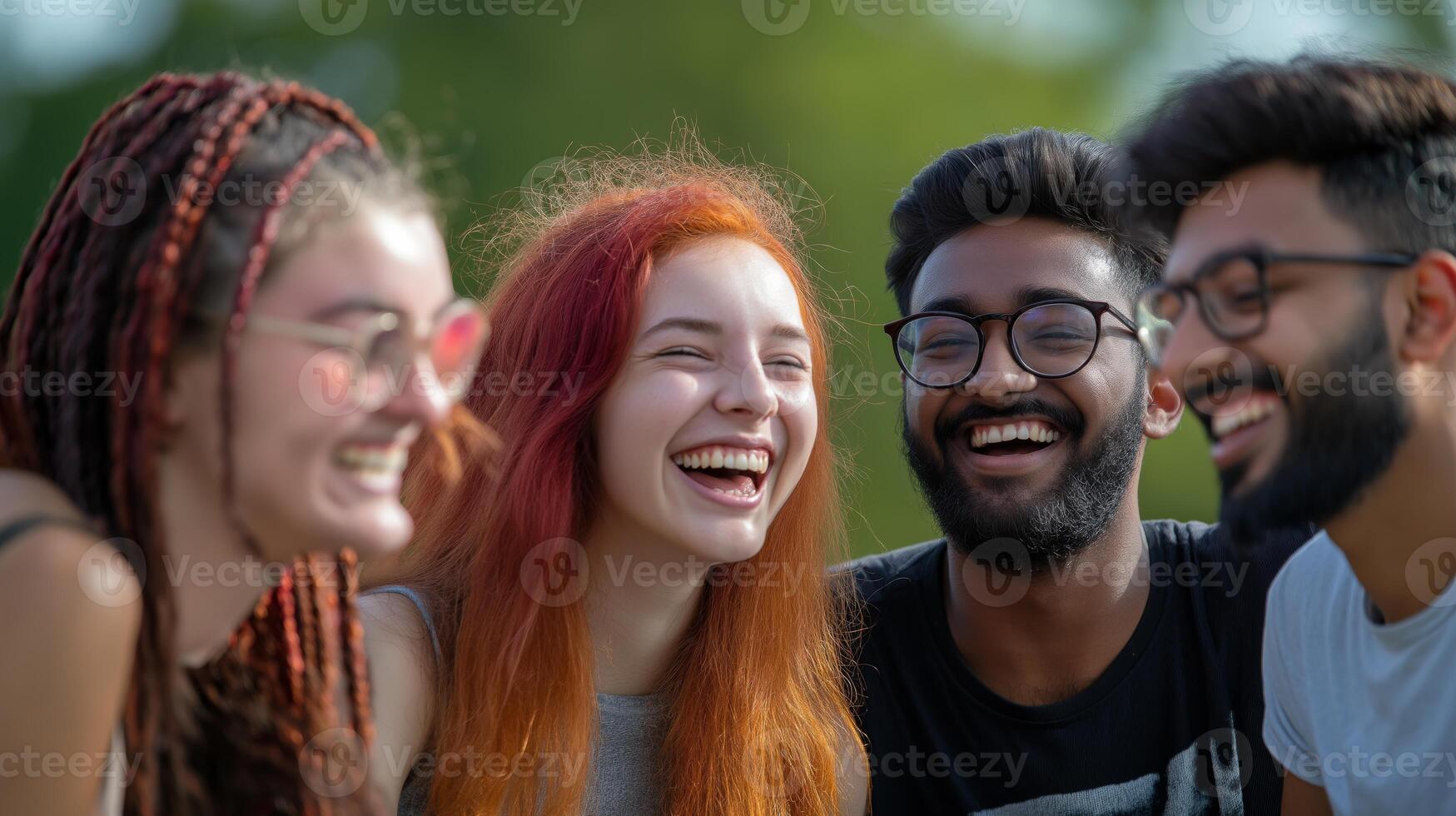 Diverse Group of Young Friends Laughing Outdoors, Representing Multicultural Unity and Joyful Friendship photo
