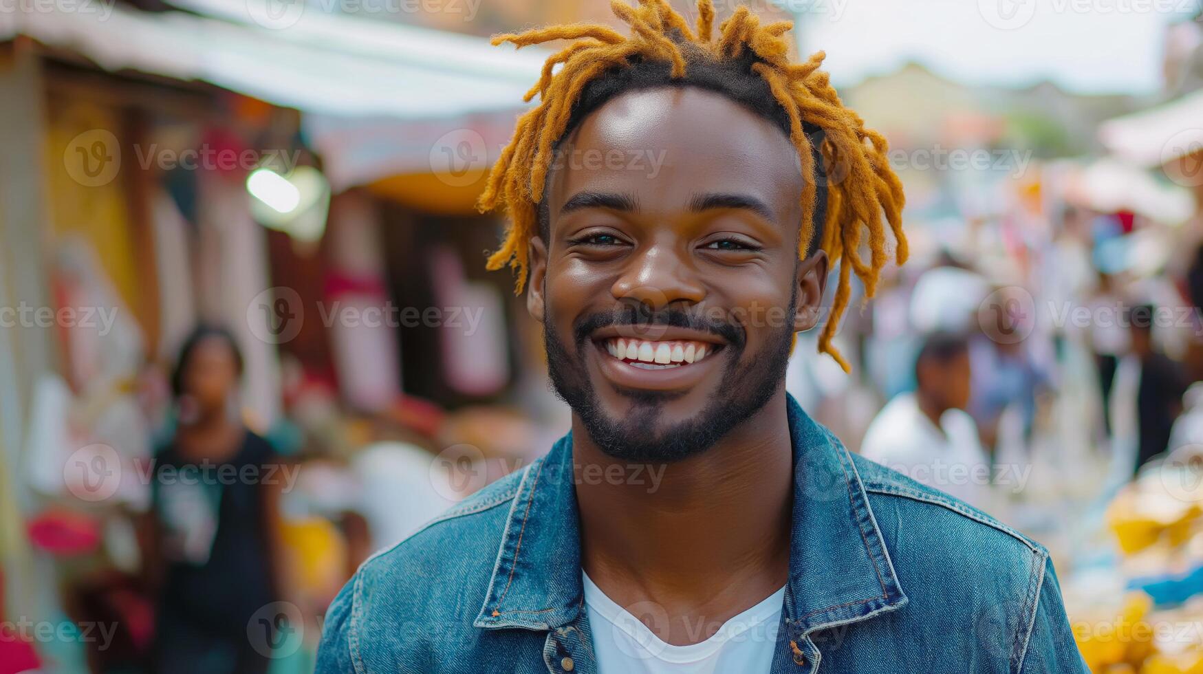 Vibrant Outdoor Market Scene with Smiling Man Wearing Denim Jacket and Yellow Locs photo