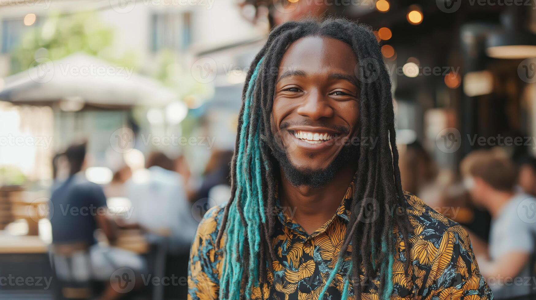 Vibrant Portrait of a Smiling Man with Long, Thick Turquoise Locs for Diverse Multicultural Representation Ideal for Design, Print, Card, or Poster photo