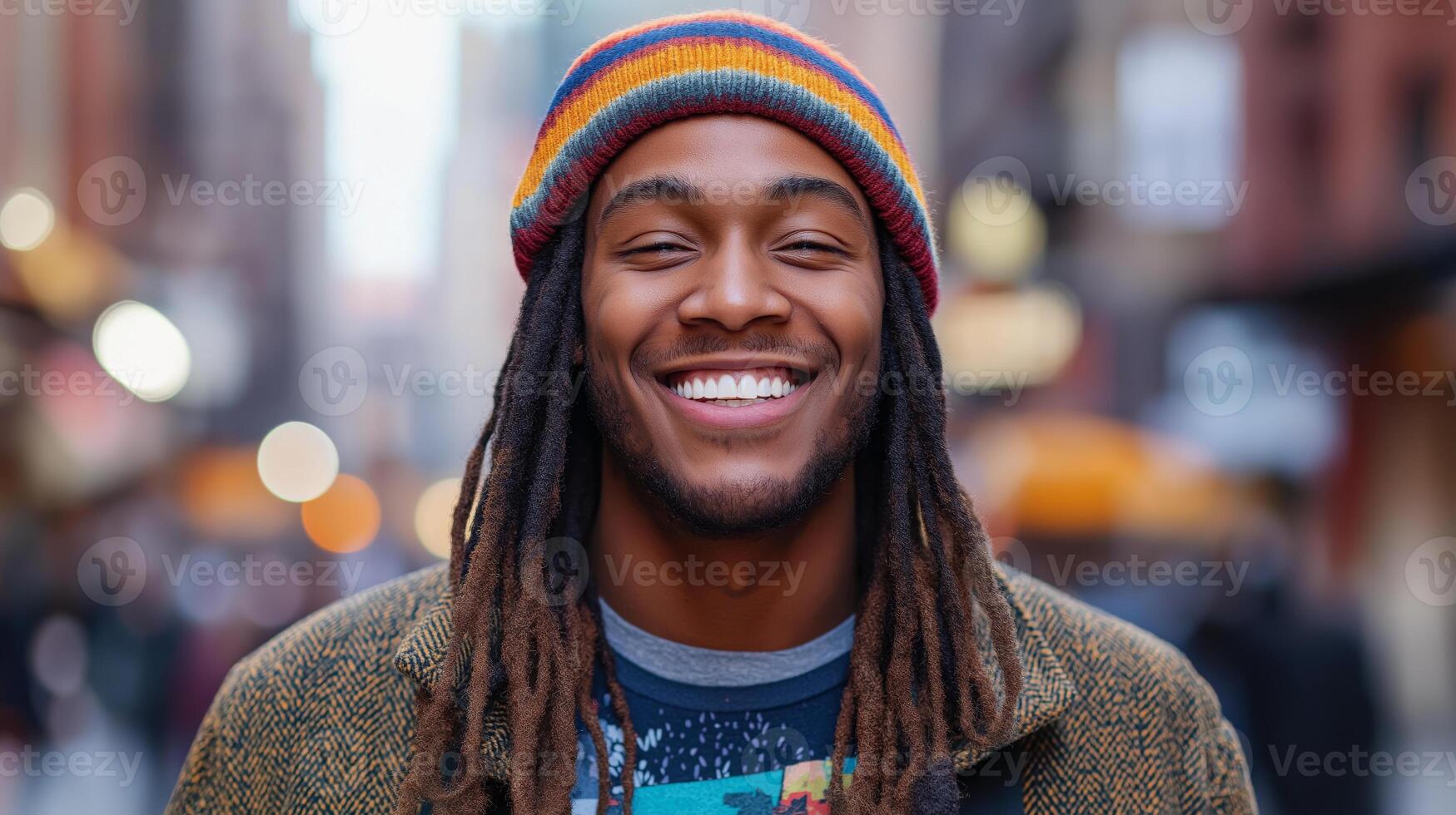 Smiling Young Man with Colorful Beanie in a Vibrant Urban Street Setting Ideal for Lifestyle and Diversity Concepts photo