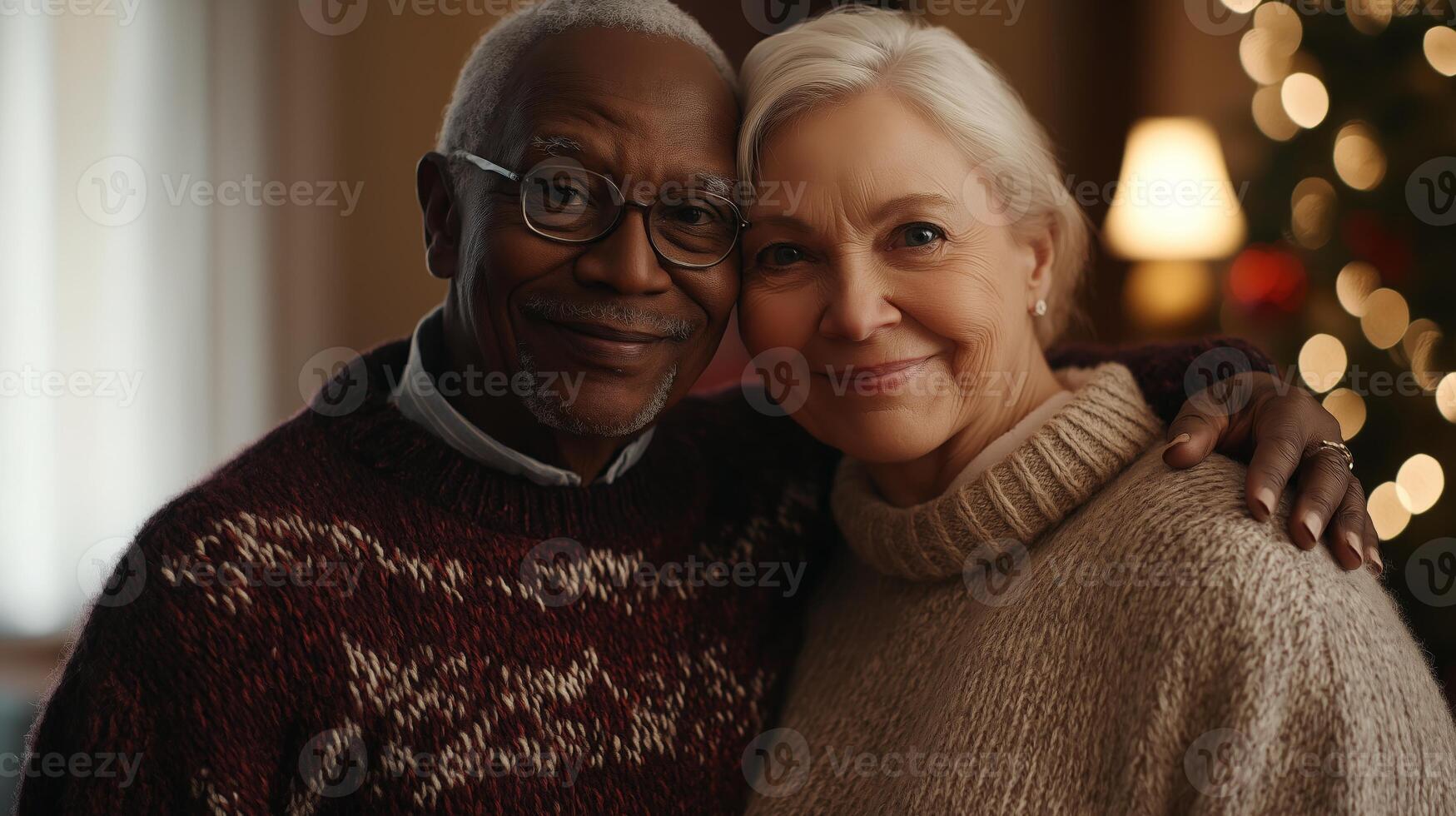 Interracial Elderly Couple Embracing in Festive Holiday Atmosphere, Perfect for Christmas Greeting Cards and Celebratory Designs photo