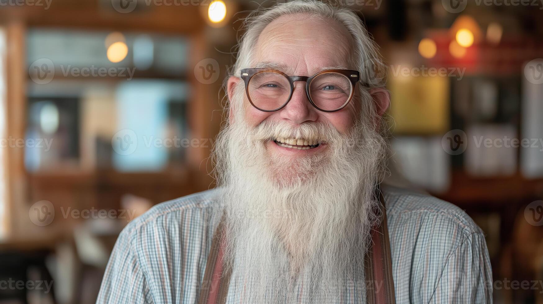 Happy Elderly Man with White Beard and Glasses in a Cozy Cafe Setting, Ideal for Warm and Authentic Lifestyle Scenes photo