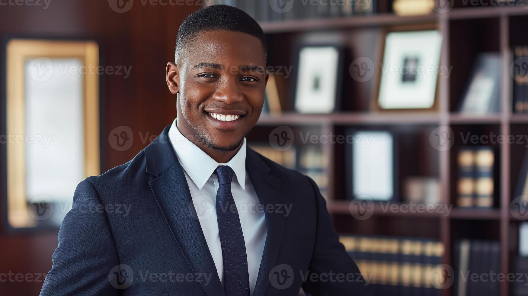 African American Male Lawyer in Professional Office Setting, Smiling and Confident, Business Attire, Legal Profession, Portrait for Corporate Use, Design for Print, Card, Poster photo