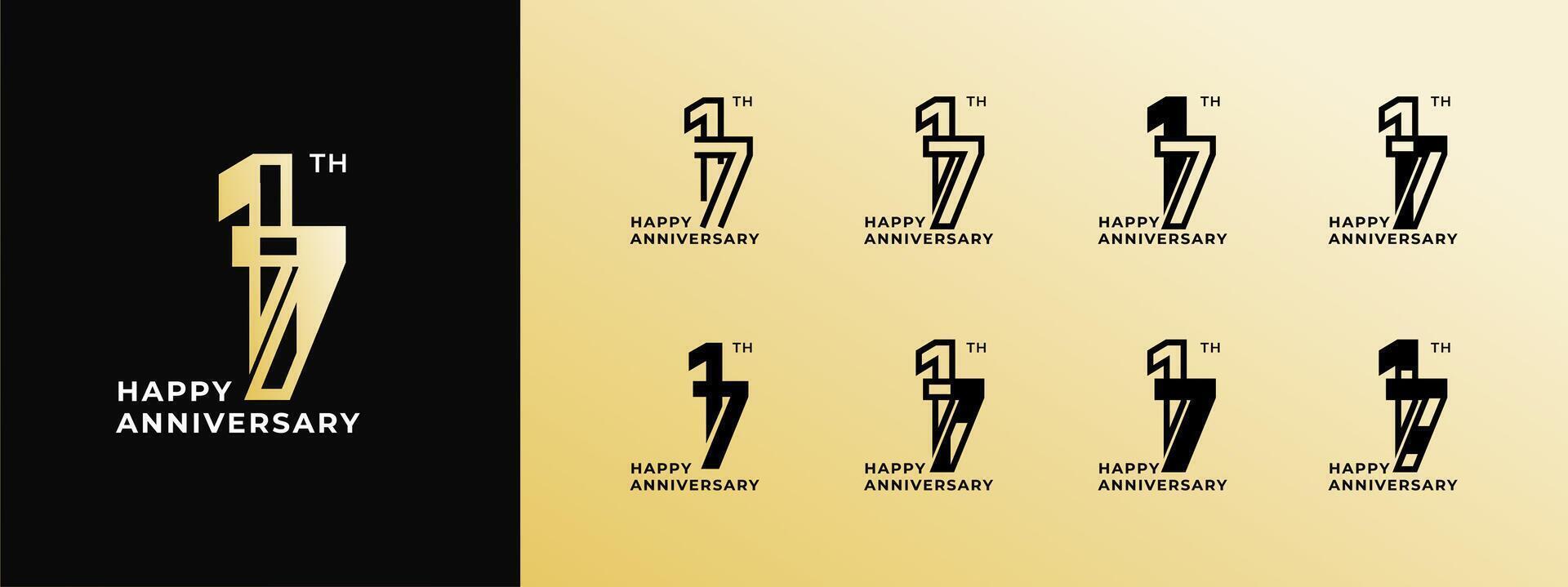 Logo 17th, 11th-19th, 11-19 years happy anniversary, Creative design template for celebration, birthday, greeting and invitation. Editable file vector