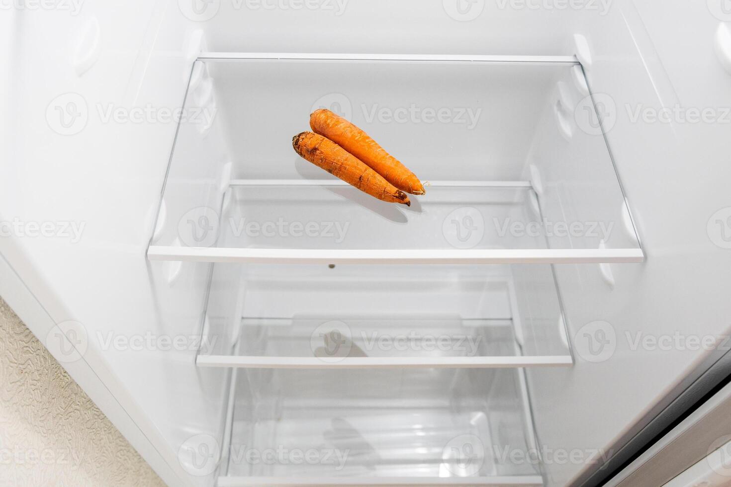 above view of refrigerator with withered carrots photo