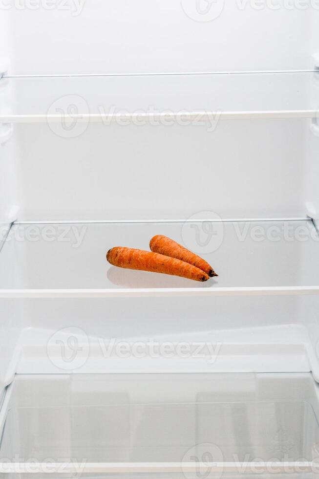 refrigerator with two withered carrots on shelf photo