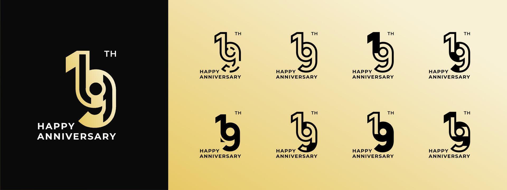 Logo 19th, 11th-19th, 11-19 years happy anniversary, Creative design template for celebration, birthday, greeting and invitation. Editable file vector