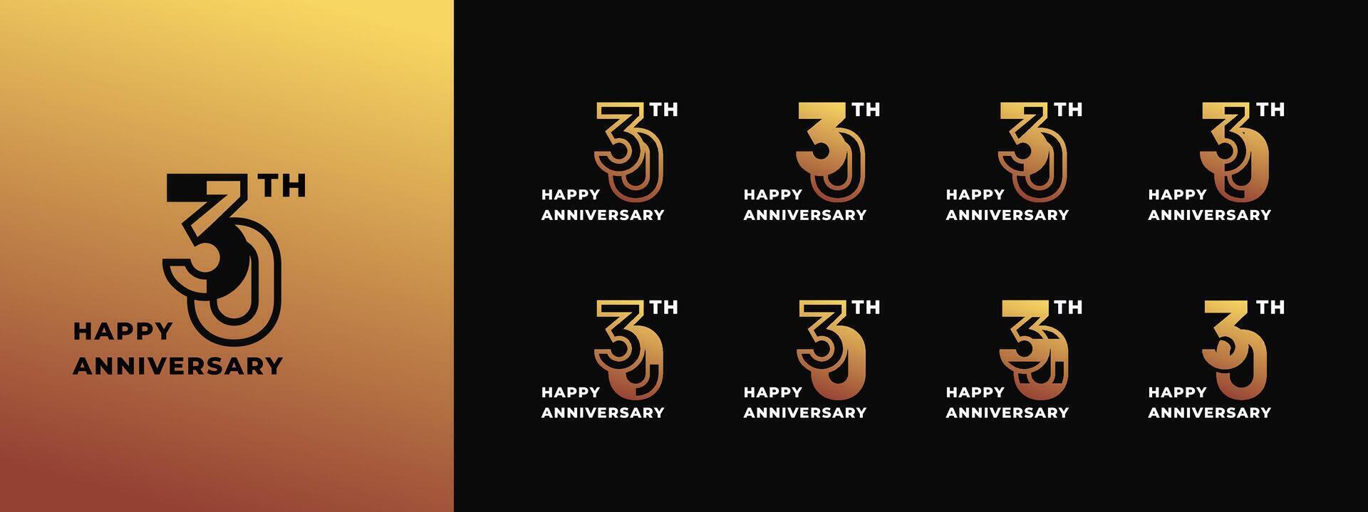 Logo 30th, 10th-90th, 10-90 years happy anniversary, Creative design template for celebration, birthday, greeting and invitation. Editable file vector