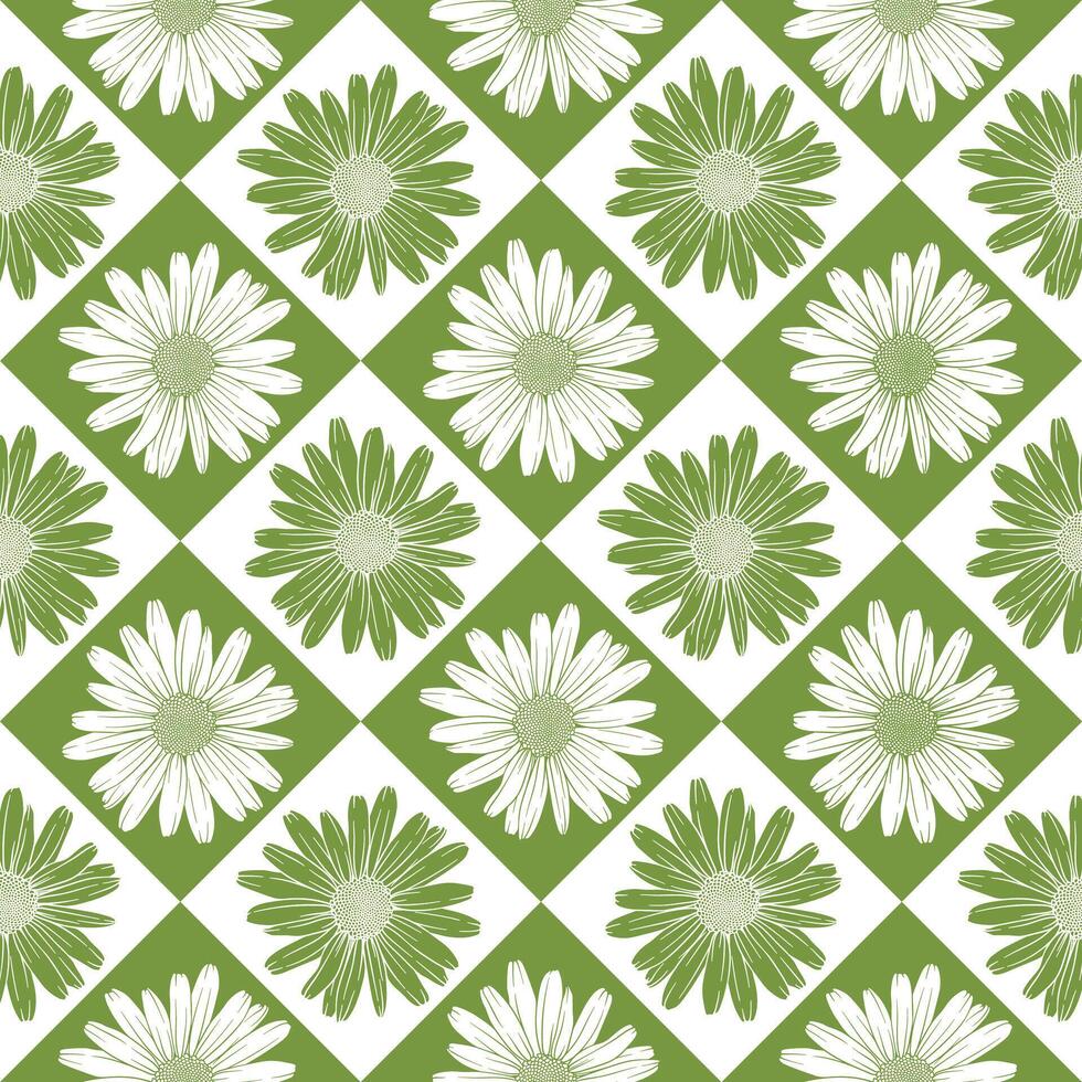 geometric seamless pattern with chamomile. pattern with daisies on a green background in a checkerboard pattern, for use in textile products, wallpaper, packaging or as a background vector