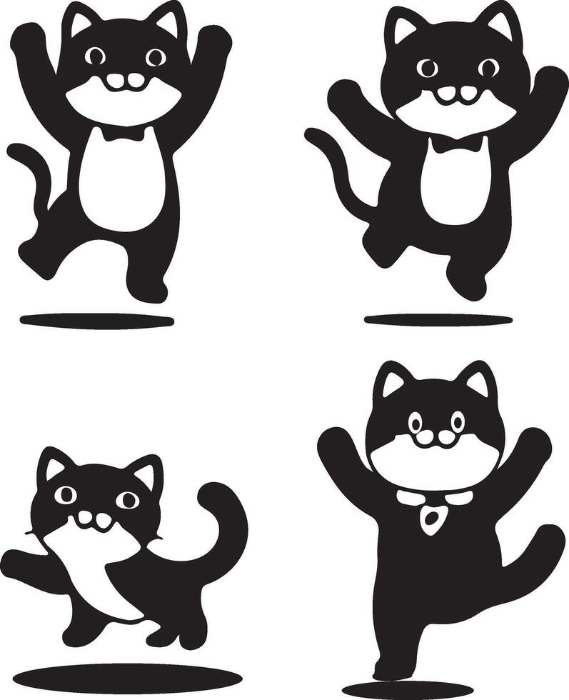 Set of happy cat silhouette. Cat dancing silhouette illustrations vector