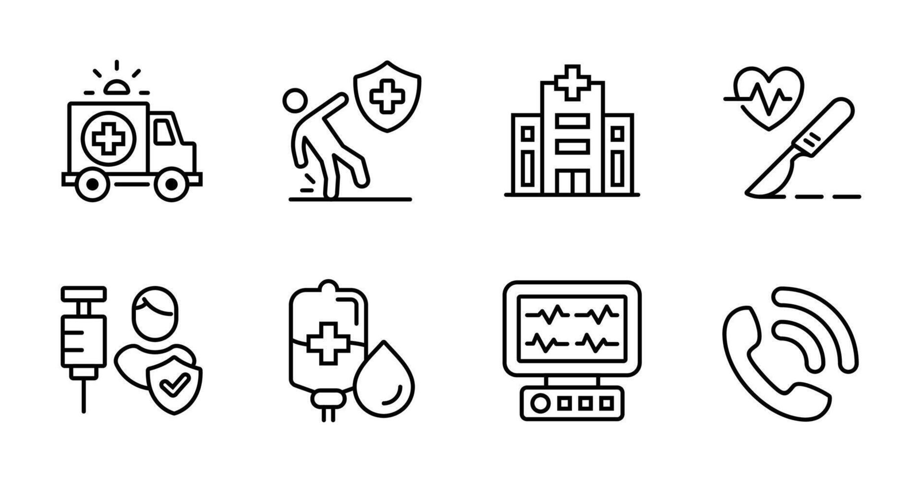 emergency health care icon line set. medical care signs collection outline illustration for web and app vector