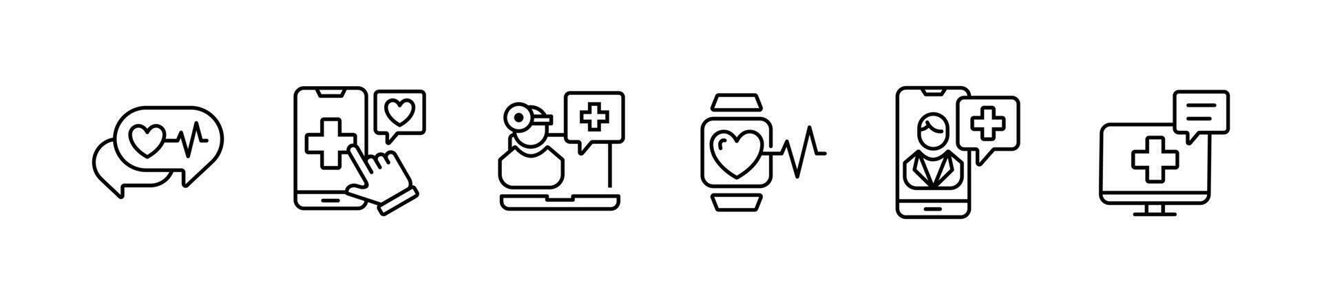 health care media digital consultation icon line set online doctor support diagnosis medicals assistant mobile symbol illustration vector
