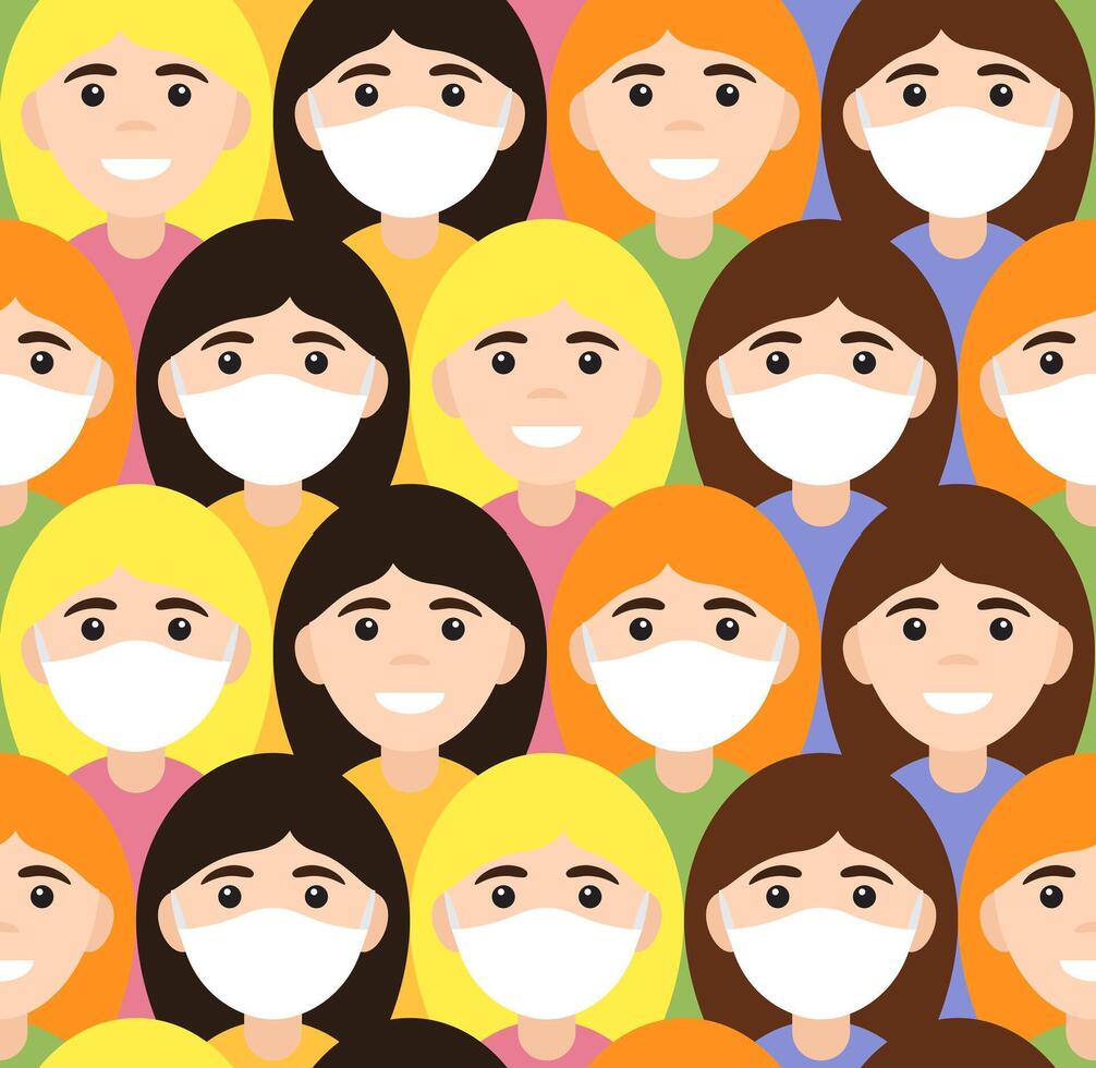 Seamless pattern of girl face in medic mask vector
