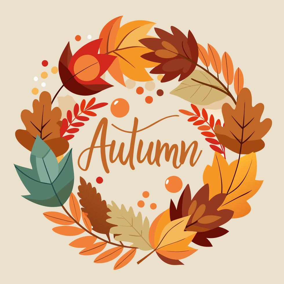 Autumn wreath with leaves and flowers on a beige background vector