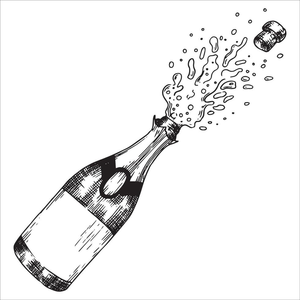 festive bottle of champagne with splashes. illustration in sketch style. celebration, new year, wedding vector