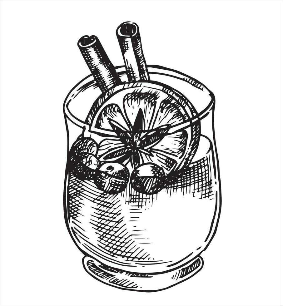 Glass of mulled wine. Christmas drink, sketch style image. Vintage vector