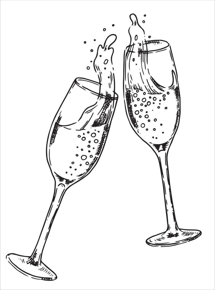 festive glasses of champagne with splashes. illustration in sketch style. celebration, new year, wedding vector