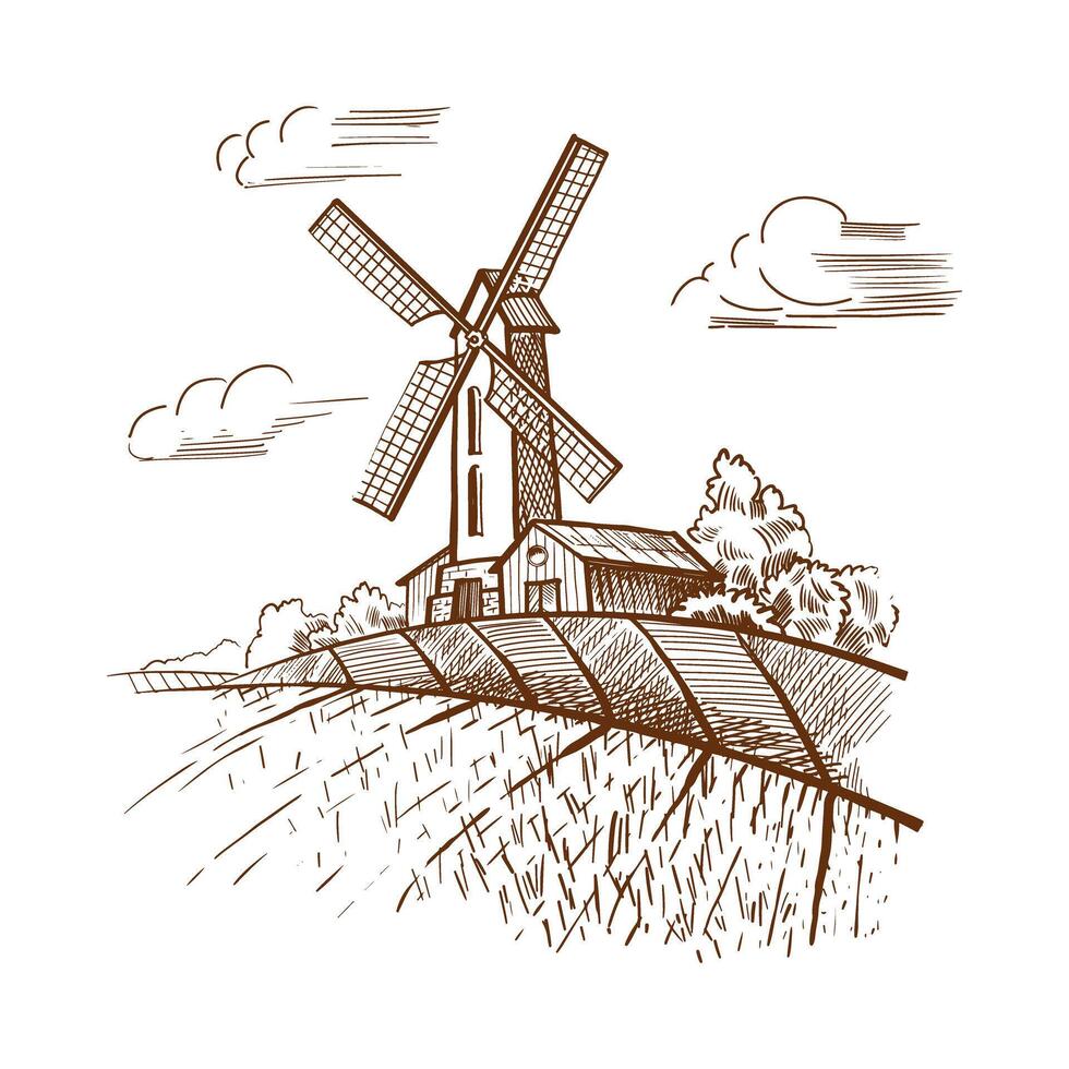 Hand drawn black and white illustration of old mill. sketch of Mill. eps 10 vector