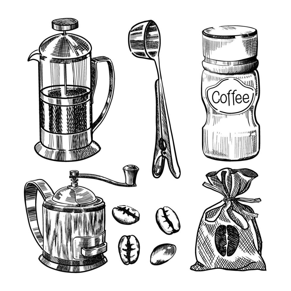 Hand drawn vintage black and white graphic of coffee making utensils vector