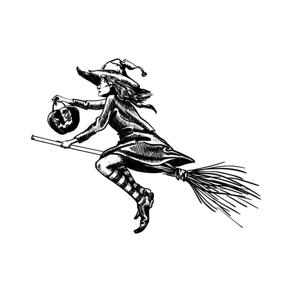 Black sketch Flying Witch with Pumpkin lantern Hand drawn illustration vector