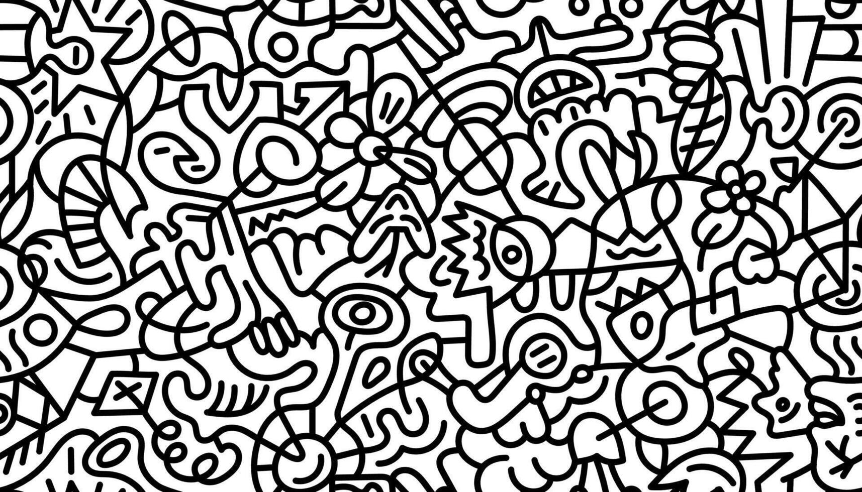 Abstract linear doodle seamless pattern. Black bold marker outline chaotic endless print on white background. Modern trendy design with scribble shapes. Contemporary monochrome art graphic wallpaper vector
