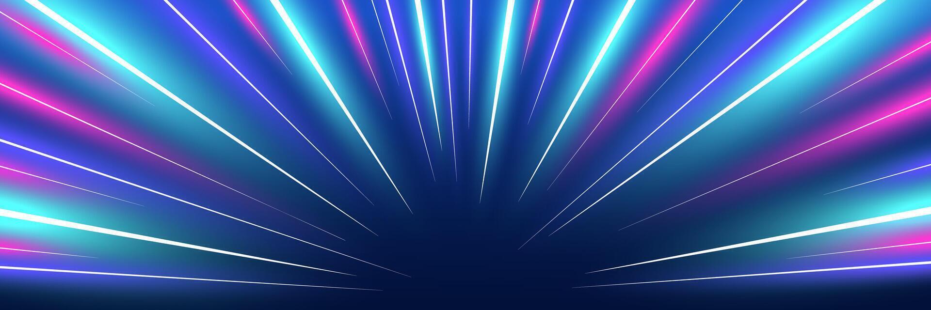Motion luminous linear trails horizontal banner. High speed neon glowing rays. Abstract cosmic warp long time exposure motion blur dynamic effect. Perspective view fast zoom light flash stripes. Eps vector