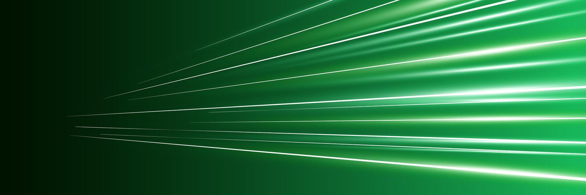 Motion luminous linear trails horizontal banner. High speed bright green glowing rays. Abstract long time exposure motion blur dynamic effect. Fast zoom light flash stripes. Perspective movement. Eps vector